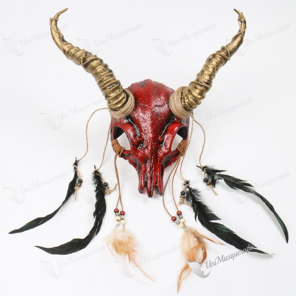 Red Demon Gold Goat Skull Horned Cosplay Mask